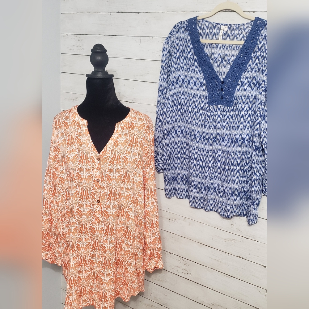 Grand & Greene 2- XL Blue and Orange Blouses Flowy Breathable Lightweight Bright